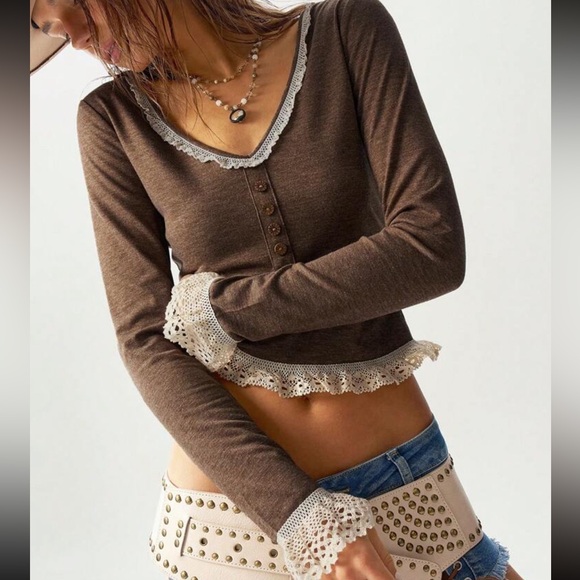 Boho Brown Button Lace Detail Long Sleeve Top - Picture 6 of 6